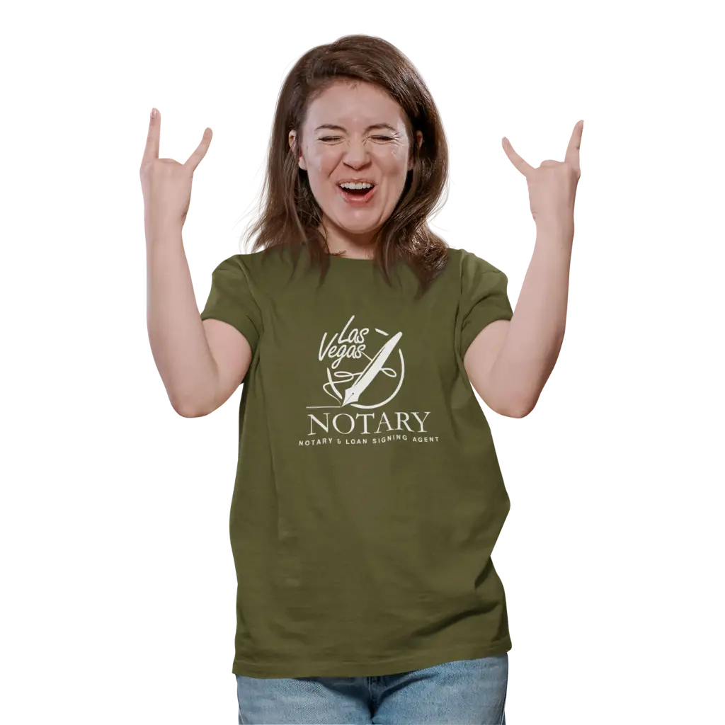 Enthusiastic woman in a Las Vegas Notary branded olive green t-shirt making a rock-and-roll hand gesture, representing fun and professional in-office notary services.